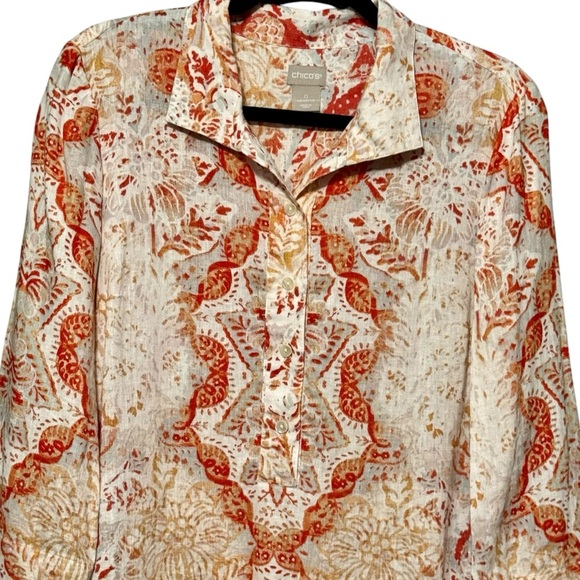 Chico’s 100% Linen Button Down Front Split 3/4 Sleeve Collared Orange Print Top - Picture 4 of 15